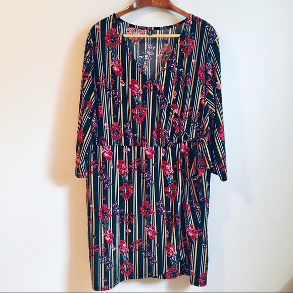 Massini Dresses & Skirts - MASSINI Faux Wrap Striped/Floral Red Midi Dress